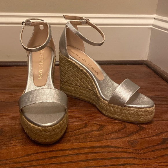 Stuart Weitzman Floria Platform Espadrille Wedge Sandal Silver size 39 (8.5) - Picture 2 of 12